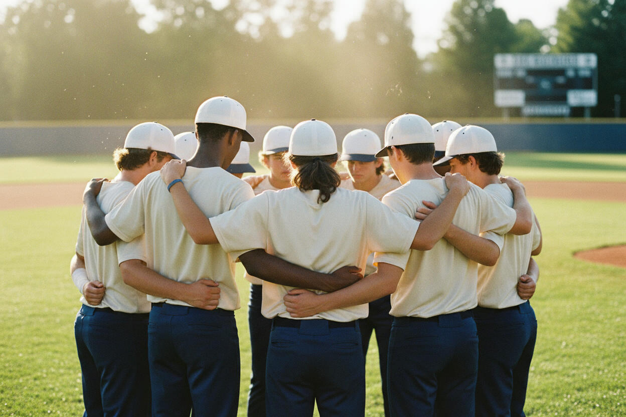 A baseball team huddled together on the outfield grass in late afternoon light.